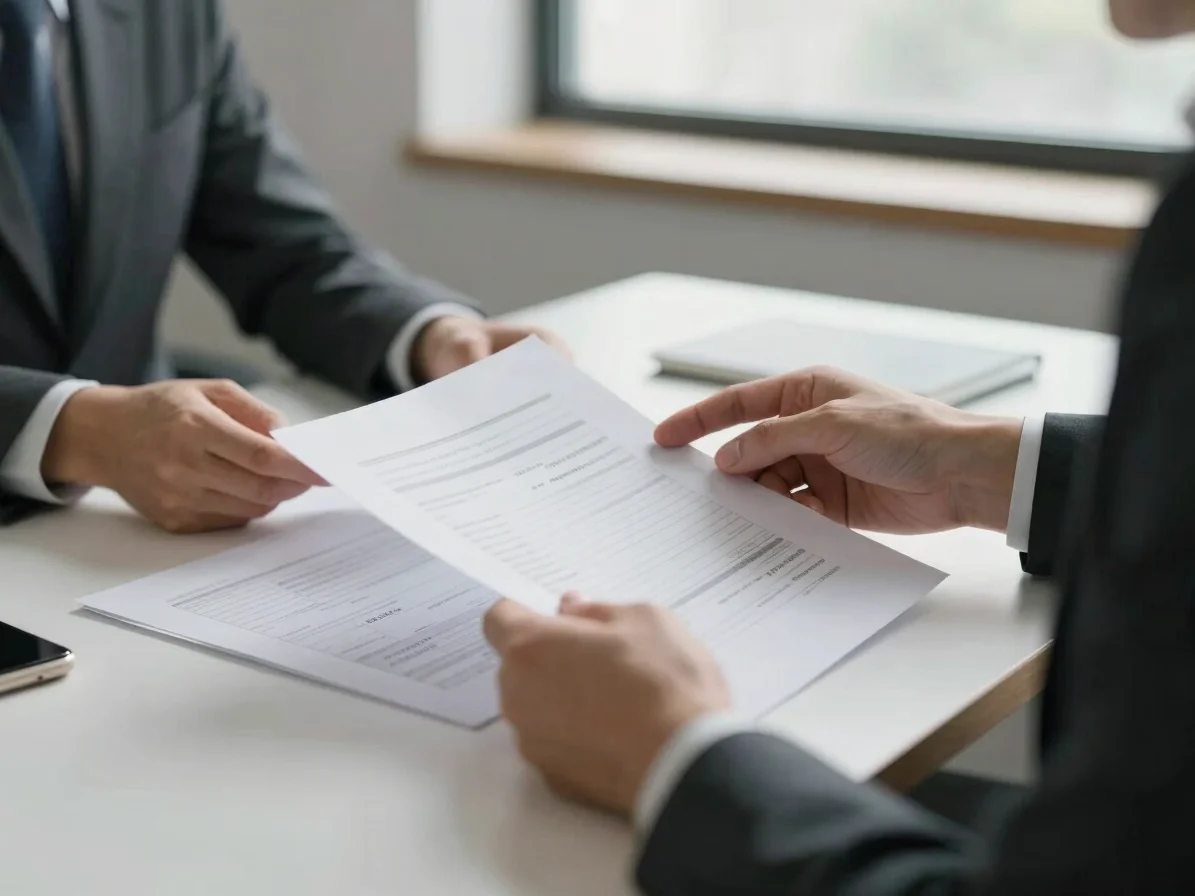 Close-up of hands reviewing financial documents on a neat desk, soft natural daylight from a window, professional office