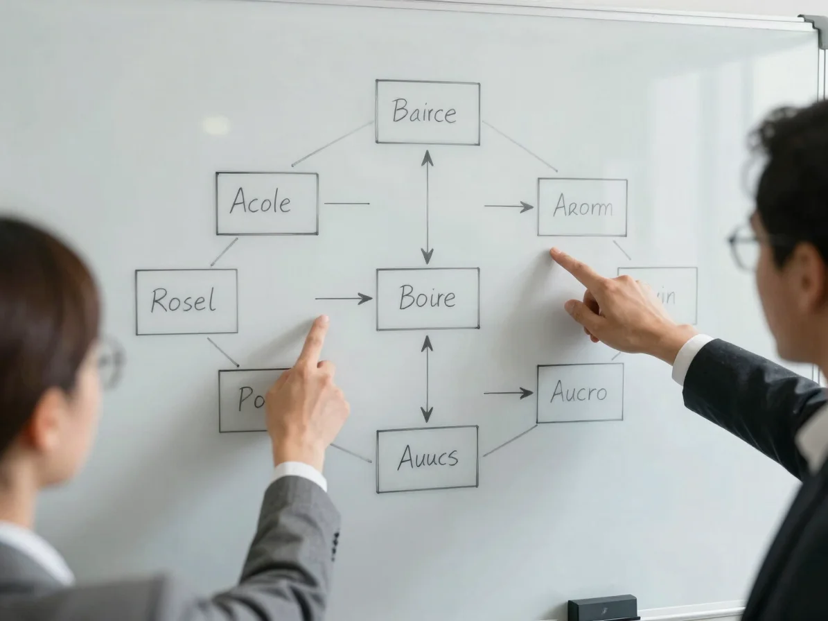 Detail shot of a professional's hands pointing at a process flow diagram on a whiteboard in a corporate meeting room, so