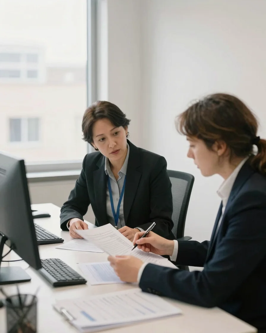 Professional consultants reviewing financial compliance documenta